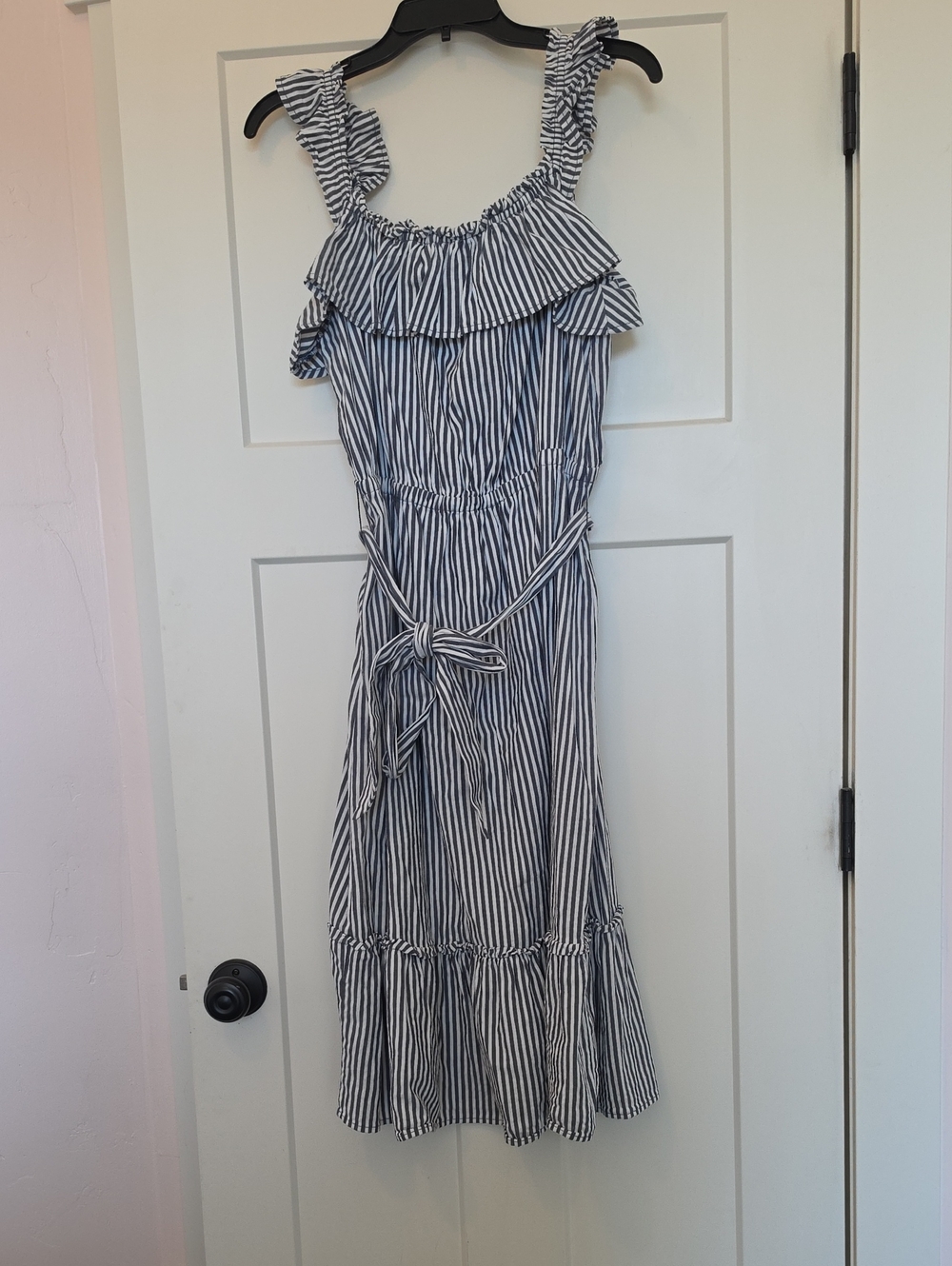 Michael Kors Grey and White Striped Ruffle Midi Dress